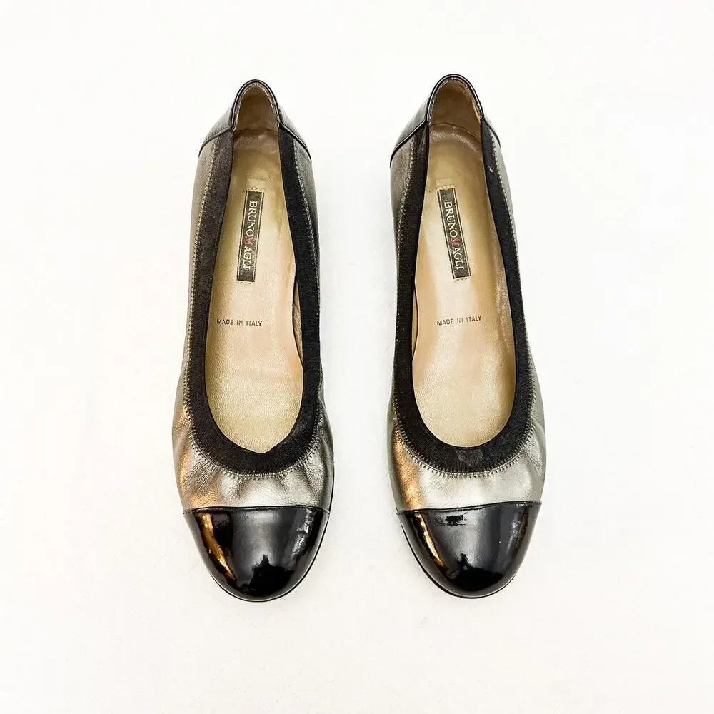 Bruno Magli Round Toe Ballerina Flat Black Metallic Silver DN5423 Size 39 Italy
